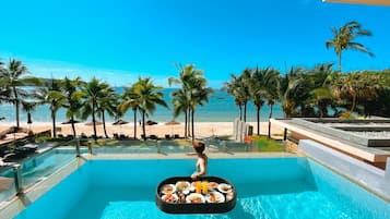 Outdoor pool, pool umbrellas, pool loungers