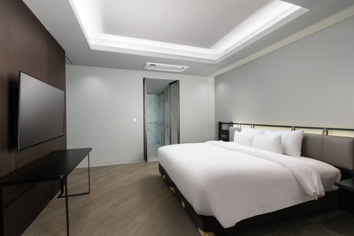 Una habitación de hotel moderna con una cama grande, un televisor de pantalla plana y un techo con tragaluces.