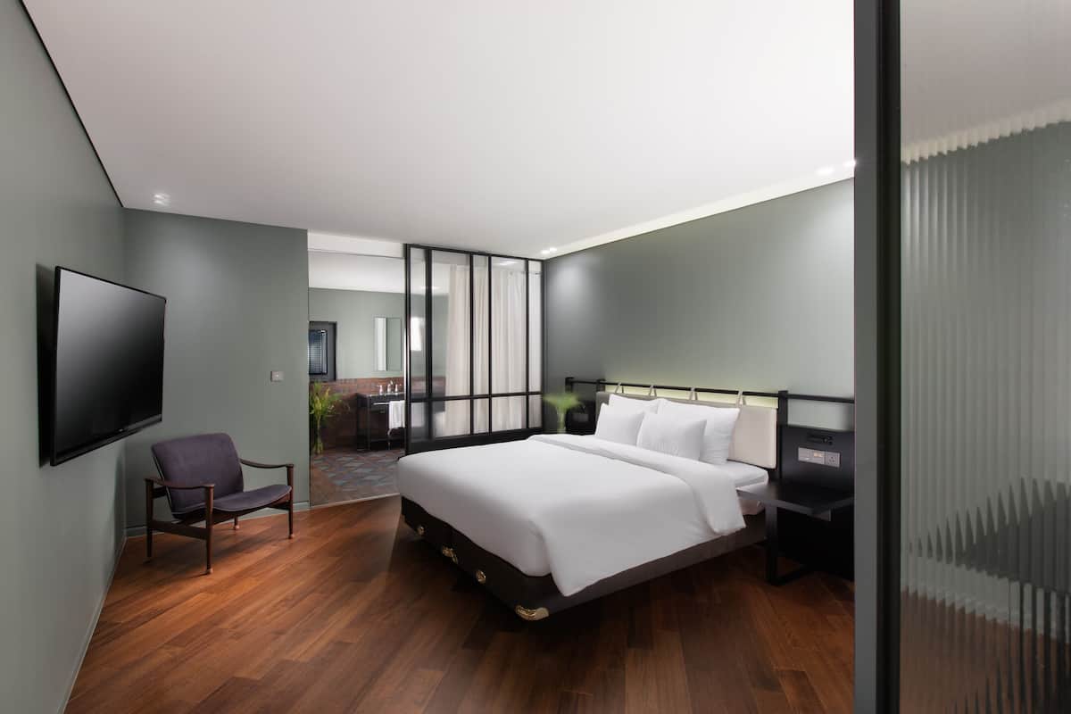 Una habitación de hotel moderna con una cama grande, un televisor de pantalla plana, una silla y un escritorio.
