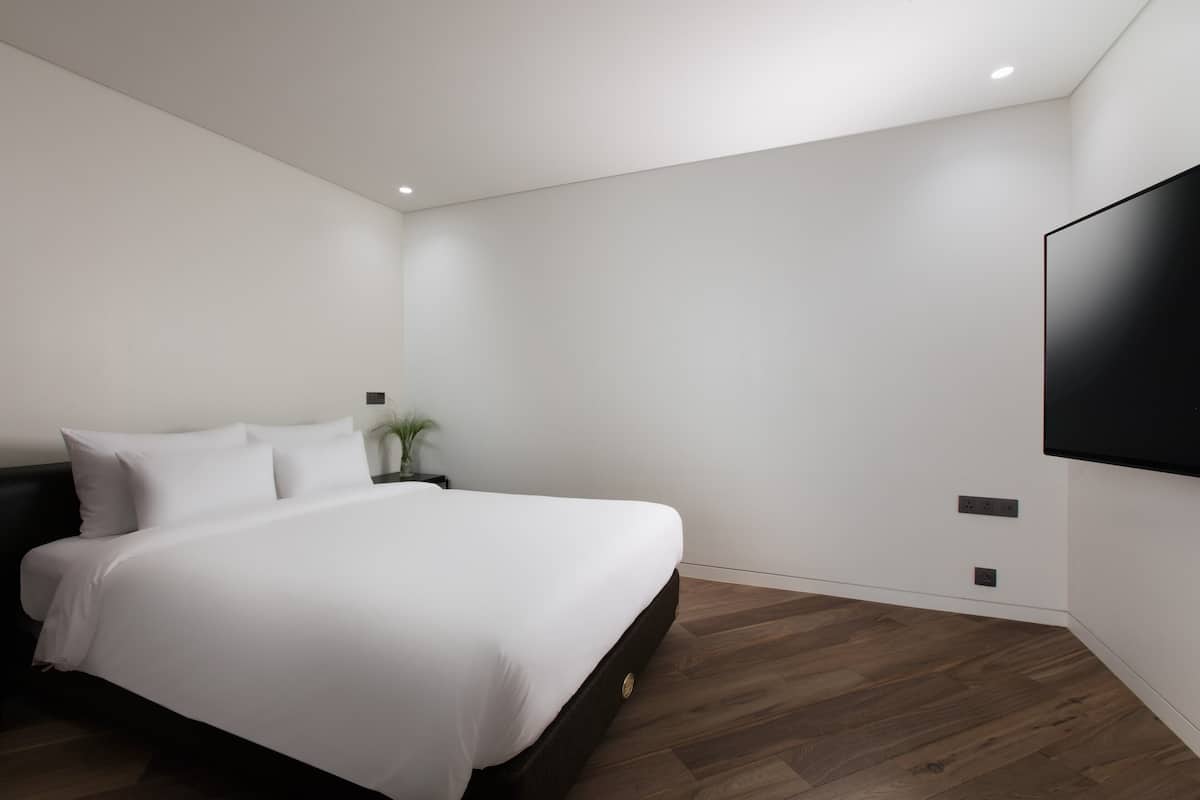 Un dormitorio moderno con una cama grande, un televisor de pantalla plana en la pared y una mesita de noche con una planta.