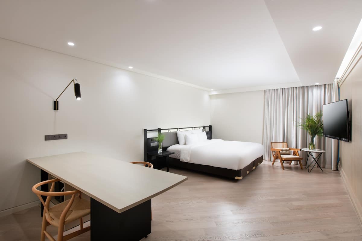 Una habitación de hotel moderna con una cama, un escritorio, una silla, un televisor y una pequeña mesa con una planta.