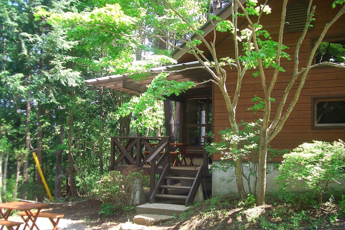 Une cabane en bois avec une véranda, des marches menant à une porte et une table de pique-nique.