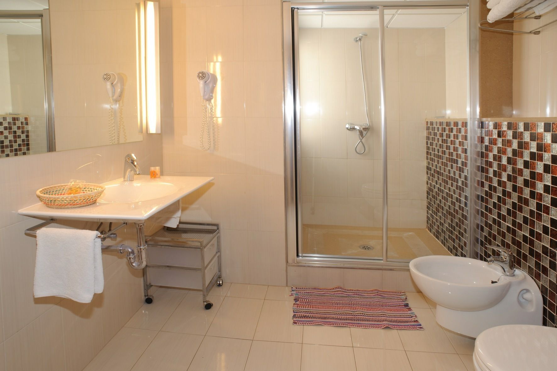 hair dryer, bidet, towels