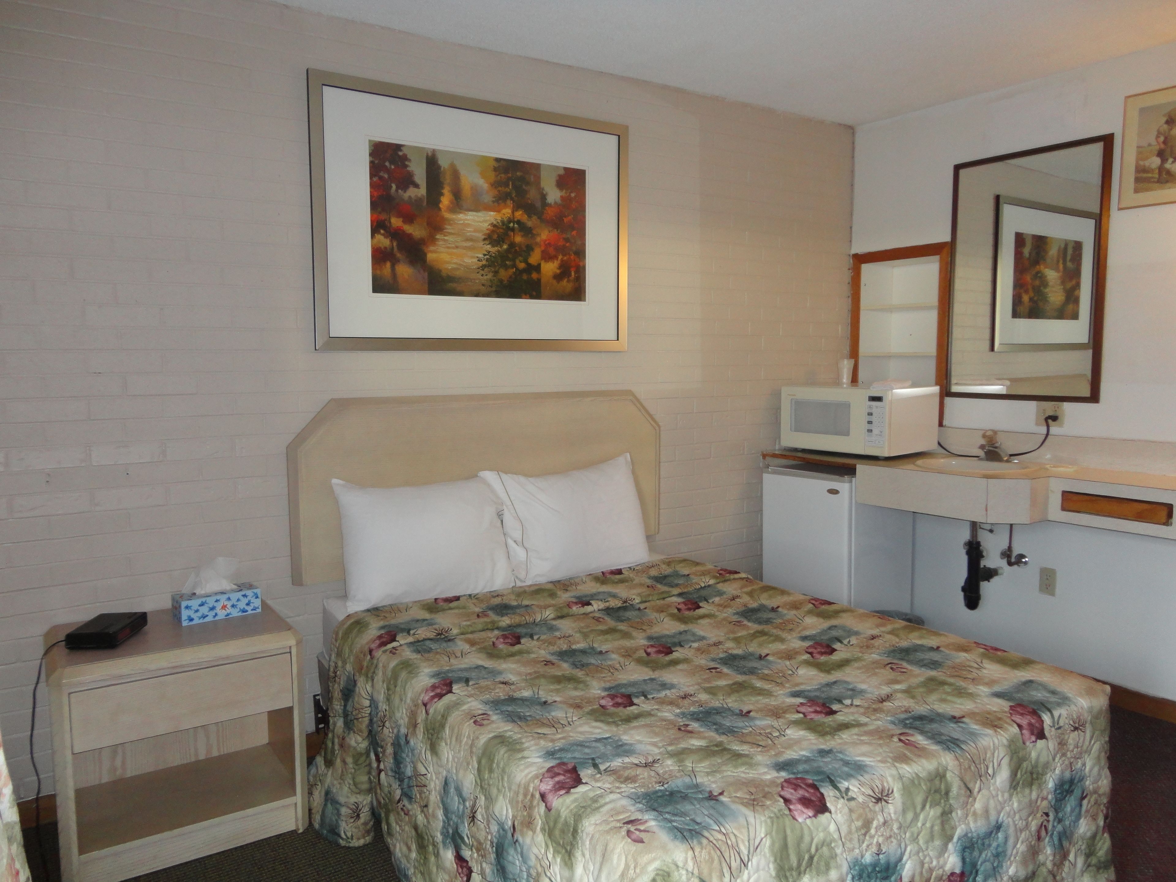 A hotel room with a bed, a nightstand, a microwave, a sink, and a mirror.