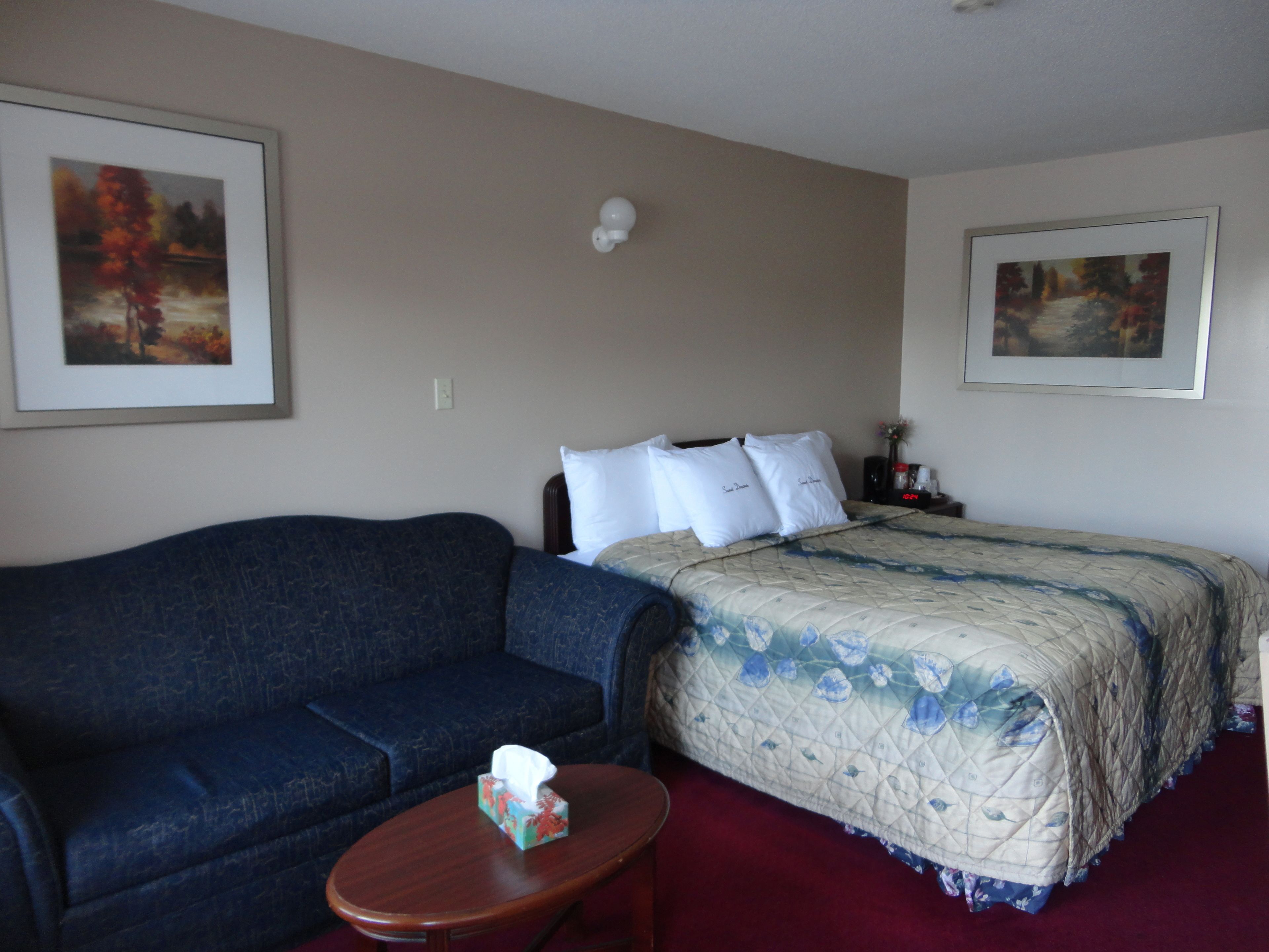 A hotel room with a bed, a sofa, a bedside table, and two framed pictures on the walls.