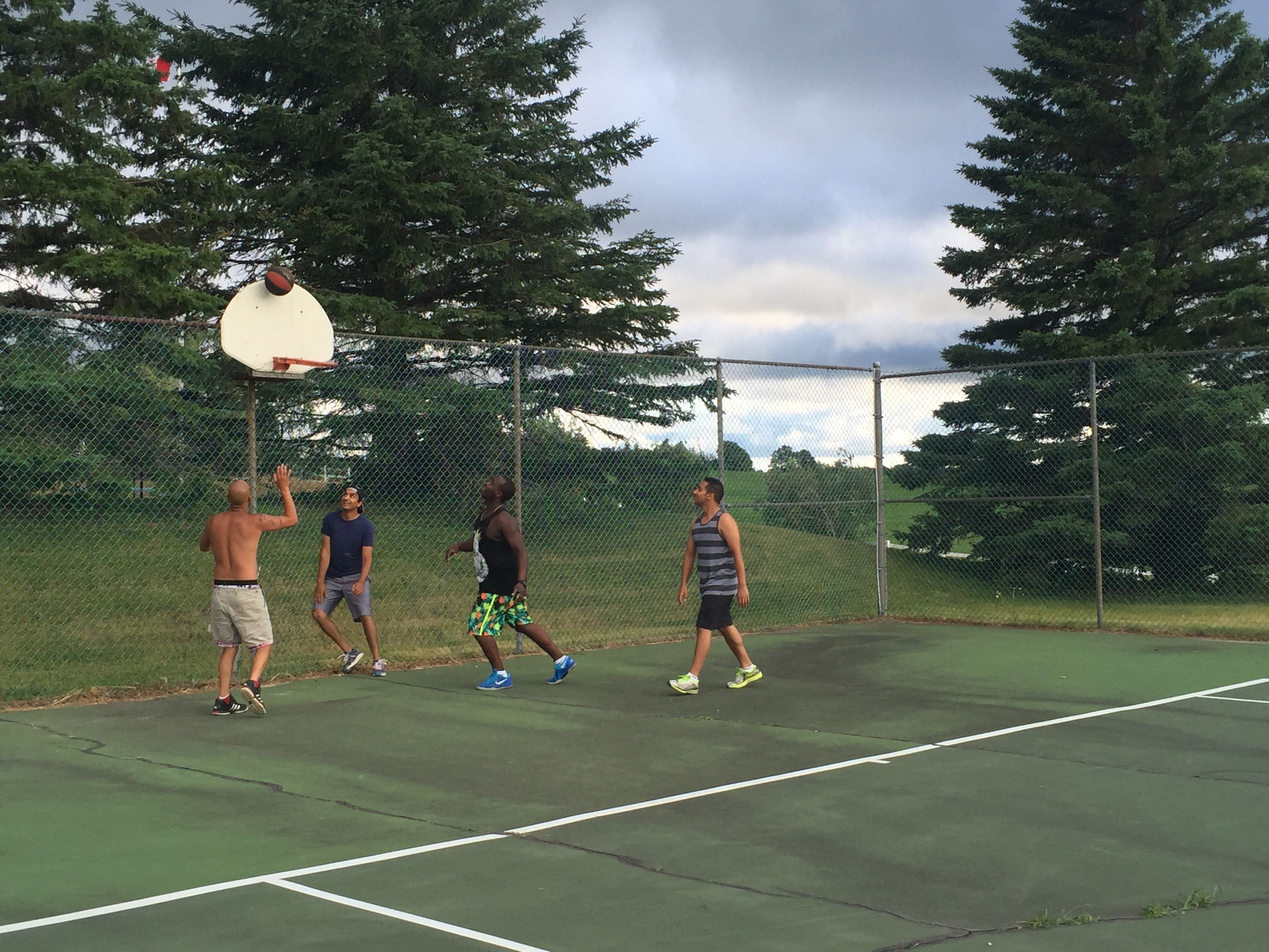 A basketball court with a chain-link fence, trees, and a cloudy sky.
