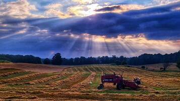 A rural landscape with a tractor in a field, under a dramatic sky with sun rays.