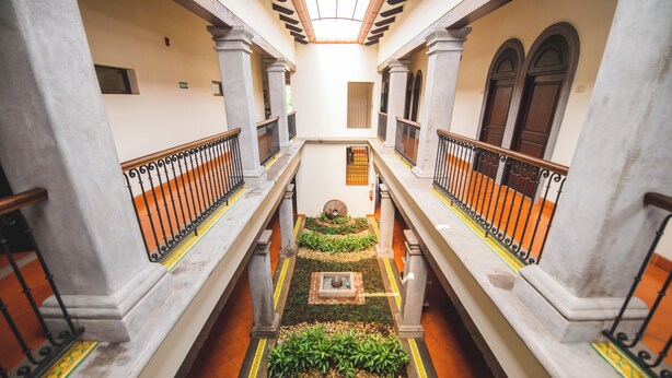 Un couloir avec un jardin central, des colonnes de marbre et un plafond agrémenté d’une verrière.