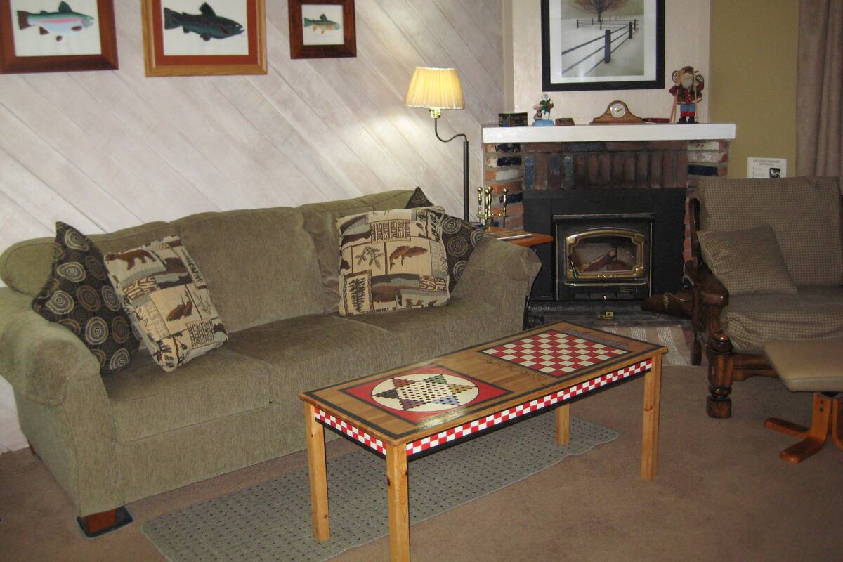 A cozy living room with a fireplace, a sofa with patterned cushions, a coffee table with a checkered top, and framed fish pictures on the wall.