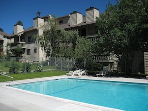 Una piscina con sillas de descanso, rodeada de un jardín cercado y edificios residenciales al fondo.