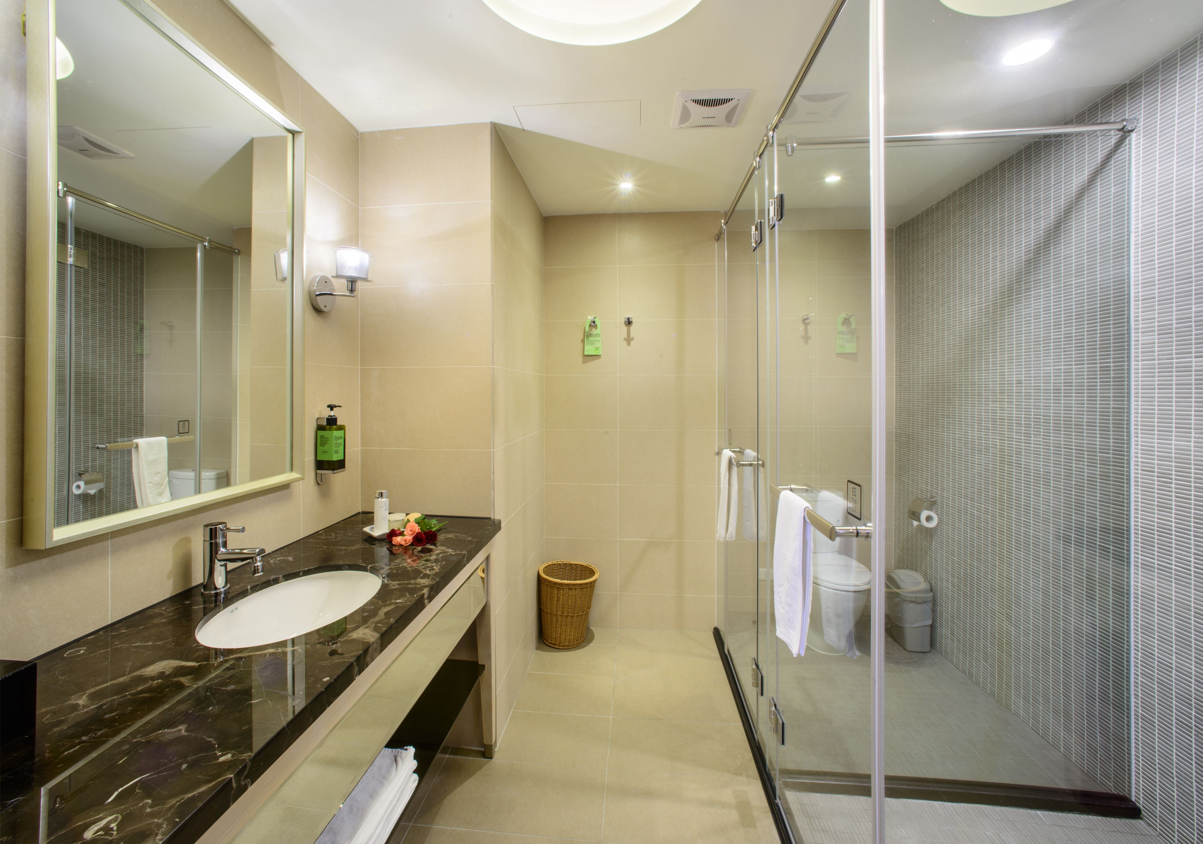 deluxe room | bathroom | shower, free toiletries, hair dryer, slippers