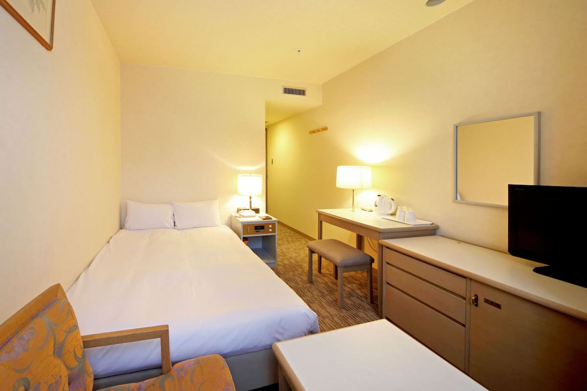 A hotel room with a bed, a desk, a chair, a television, and a nightstand with a lamp.
