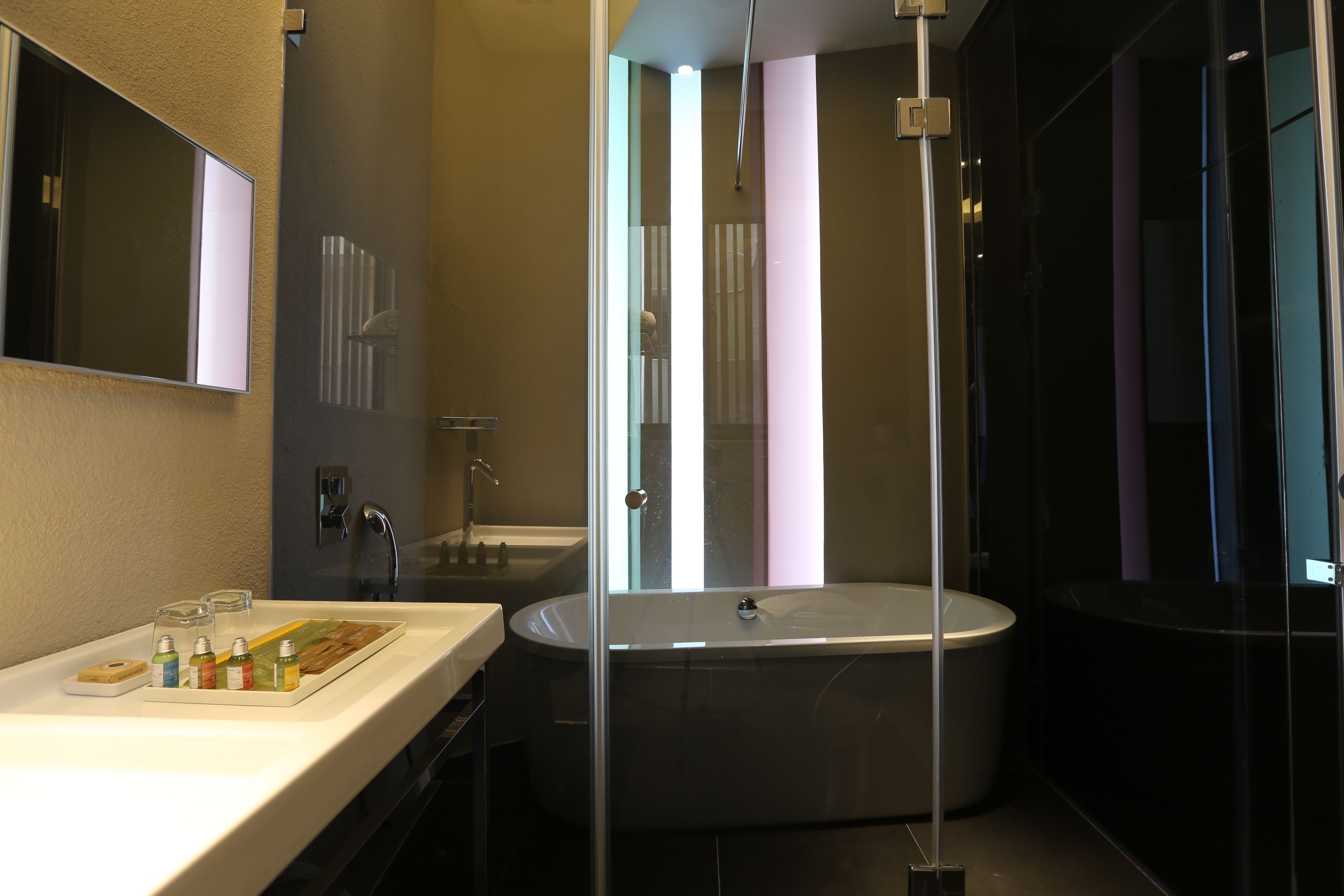 deluxe room | bathroom | shower, hydromassage showerhead, free toiletries, hair dryer
