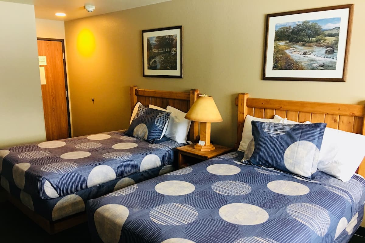 A hotel room with two beds, each with a blue and white patterned bedspread, wooden headboards, and a nightstand with a lamp.