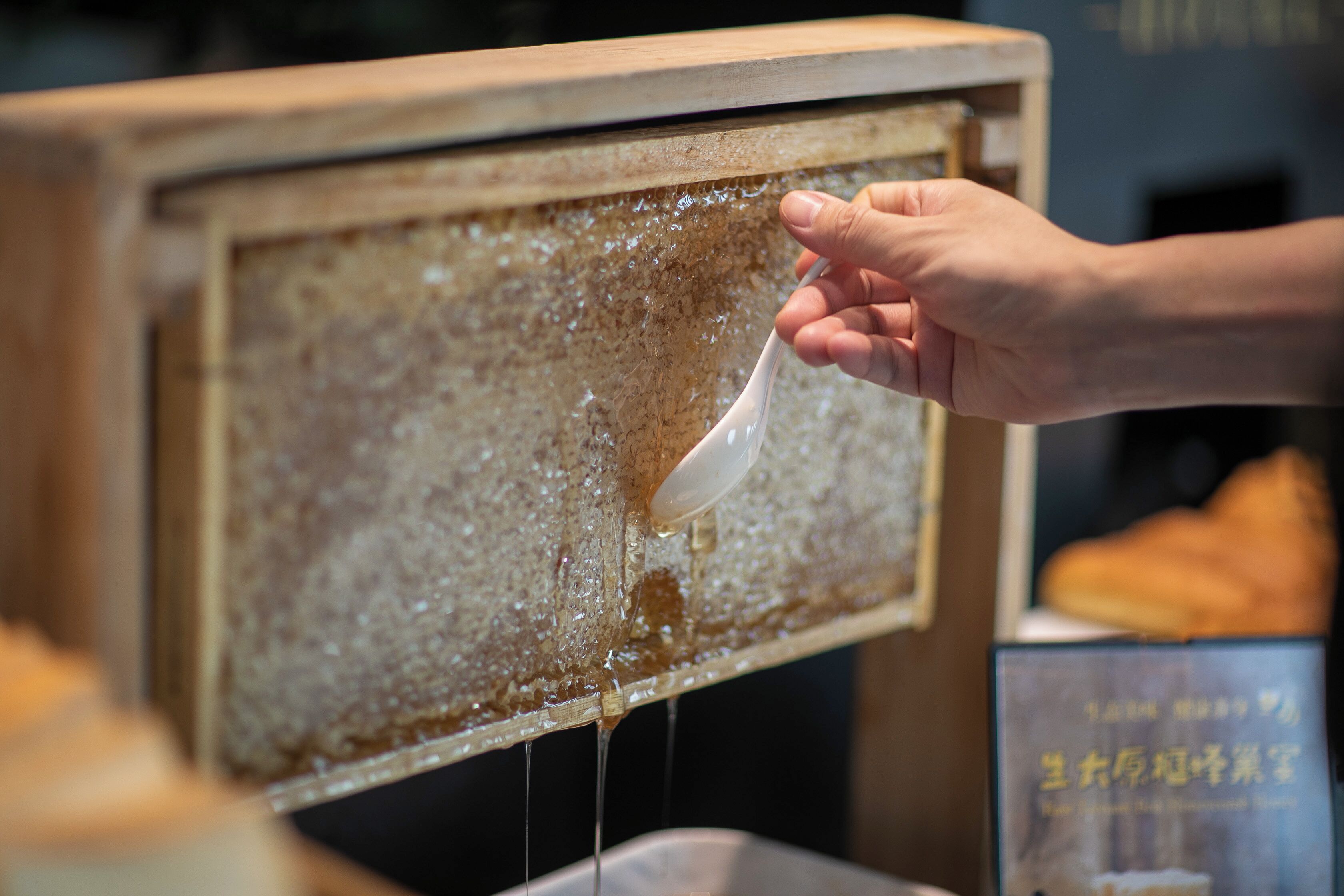 A hand holding a spoon drawing honey from a wooden container.