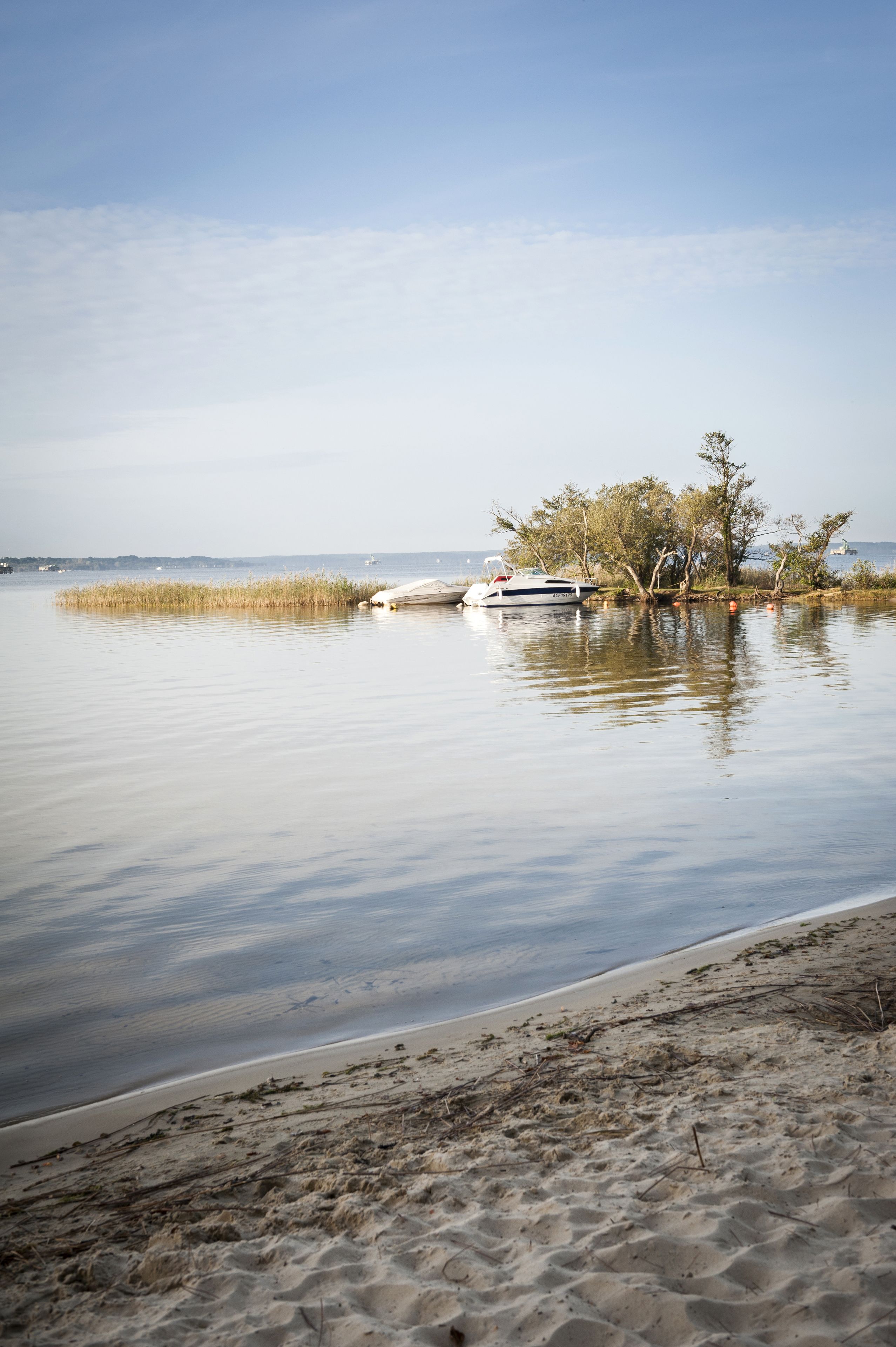 Tyyni järvi, jonka rannalla on laiturissa vene, ja järveä ympäröivät puut ja muu kasvillisuus.