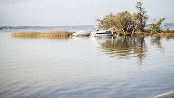 Tyyni järvi, jonka rannalla on laiturissa vene, ja järveä ympäröivät puut ja muu kasvillisuus.