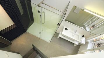 A modern bathroom with a glass shower enclosure, a white sink, and a large mirror.