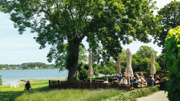 A lakeside outdoor seating area with tables and umbrellas, surrounded by lush greenery and trees.