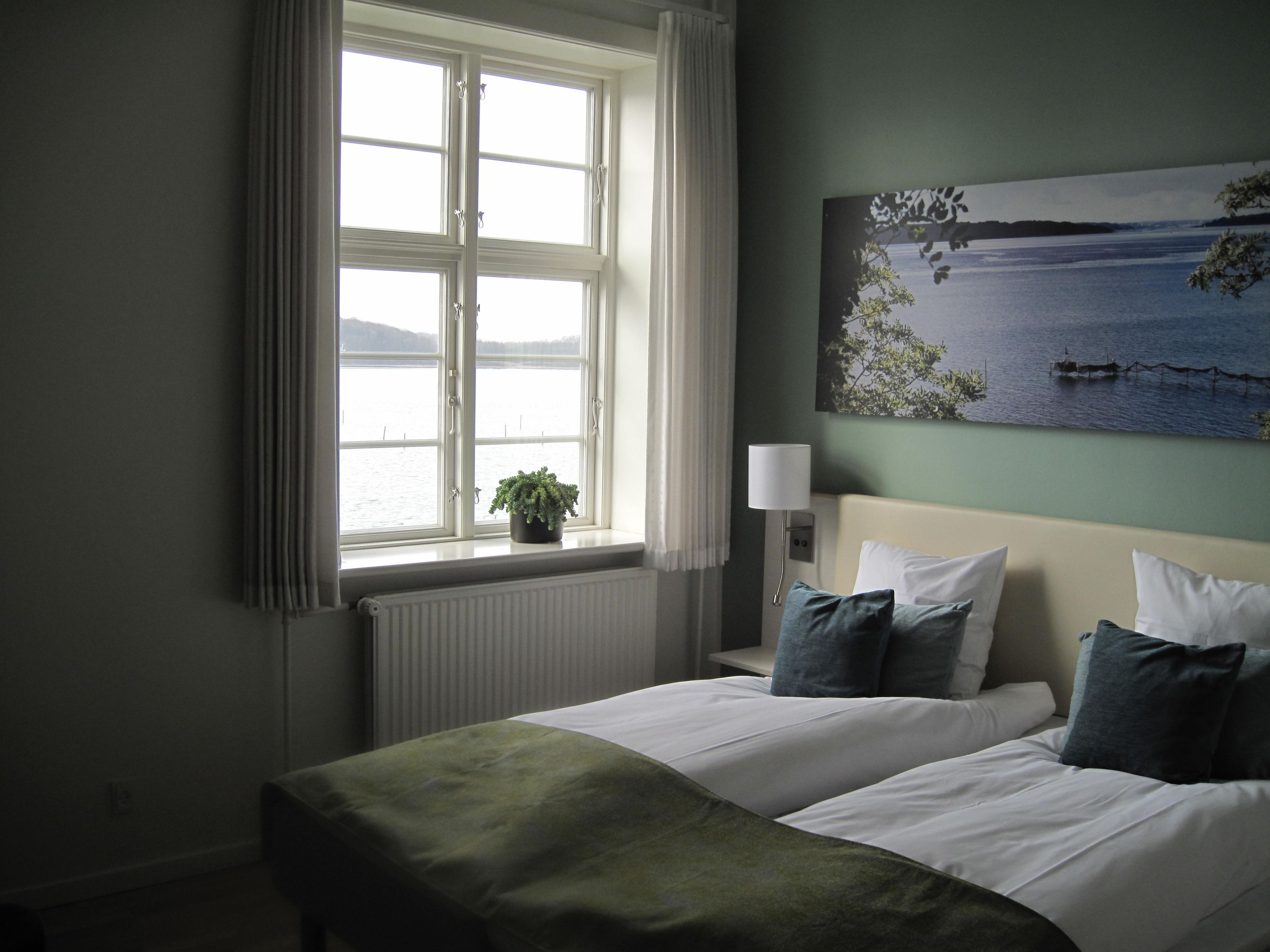 A hotel room with a bed, a window with curtains, a potted plant, a painting of a lake, and a bedside lamp.