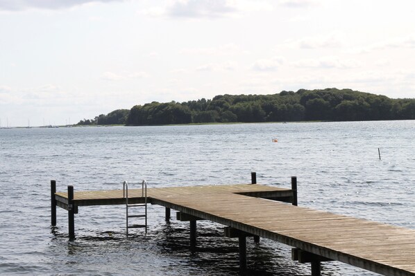 A wooden pier extending into calm water with a forested island in the background.