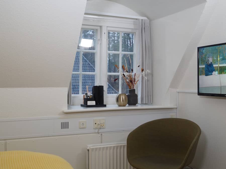 A room with a window, a radiator, a television, and a chair.