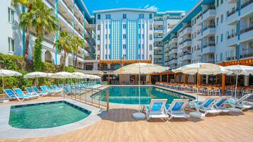 Indoor pool, 2 outdoor pools, pool umbrellas, sun loungers