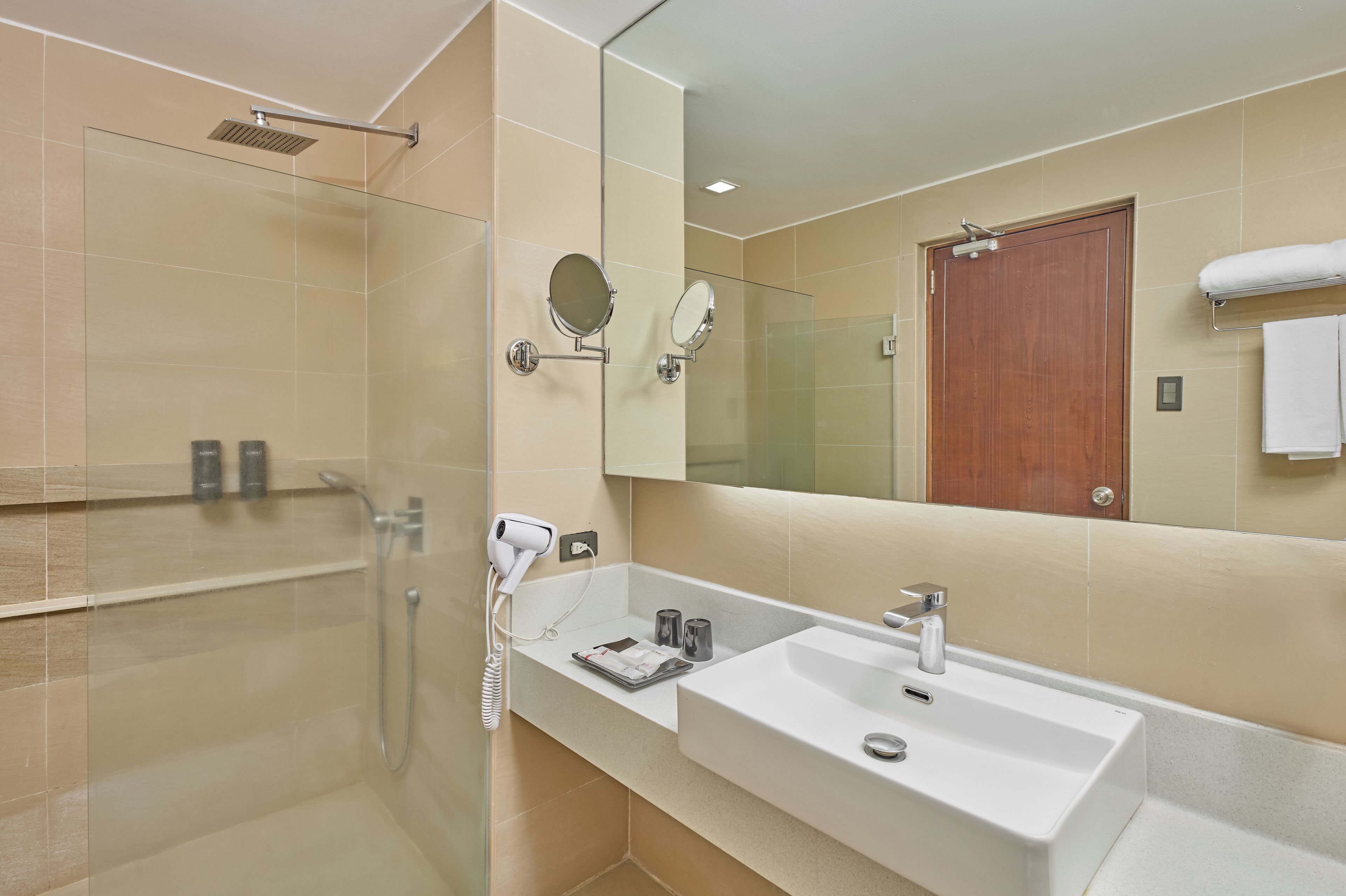 A modern bathroom with a glass shower enclosure, a large mirror, a white sink, and a wooden door.