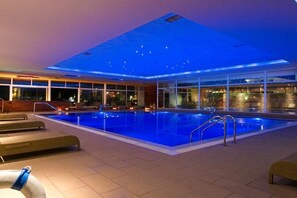Indoor pool, outdoor pool, pool umbrellas, sun loungers