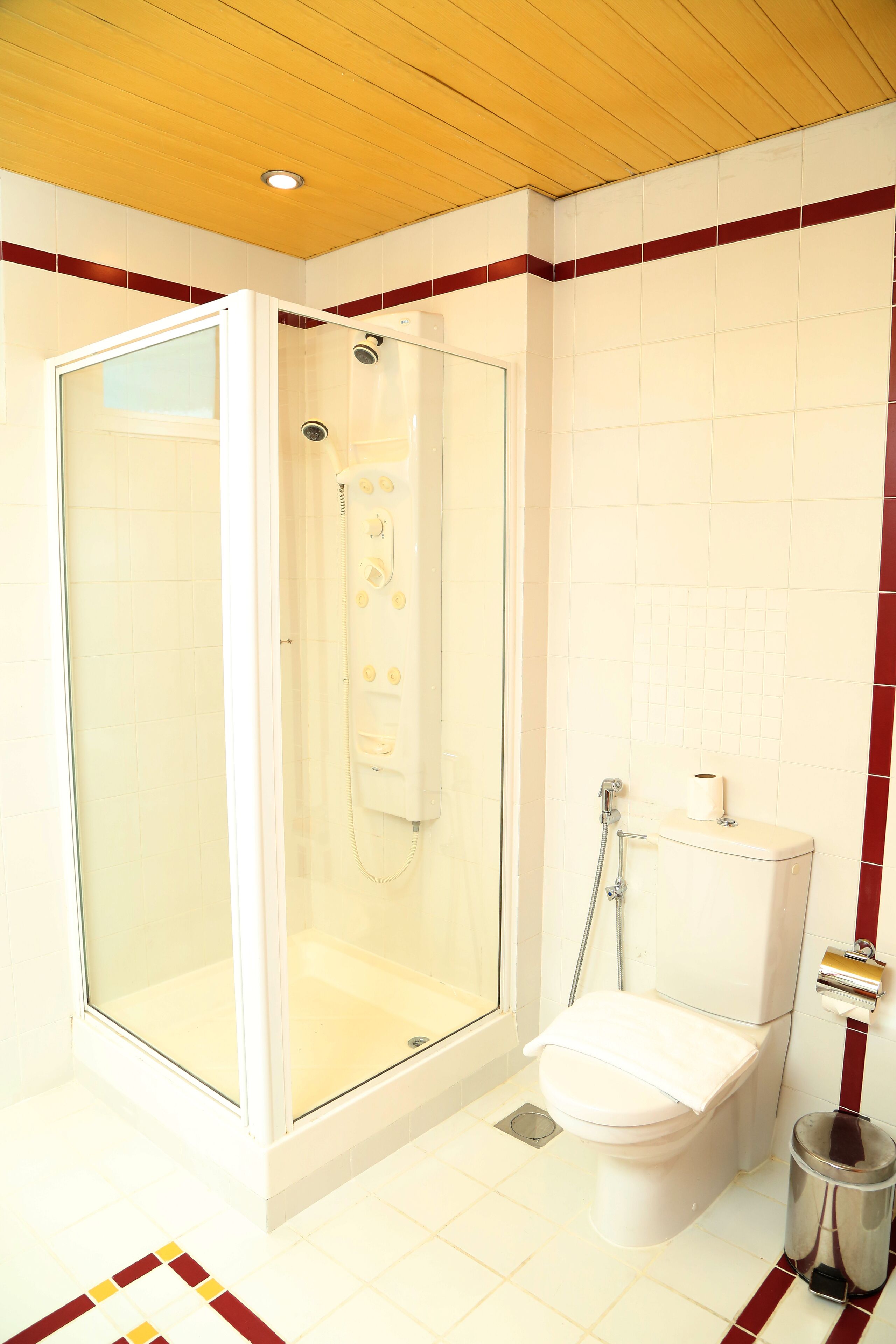 A bathroom with a glass-enclosed shower, a toilet, and a trash can.