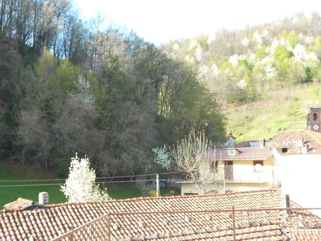 Zona residencial con techos de tejas de arcilla, un pequeño árbol y una colina con árboles al fondo.