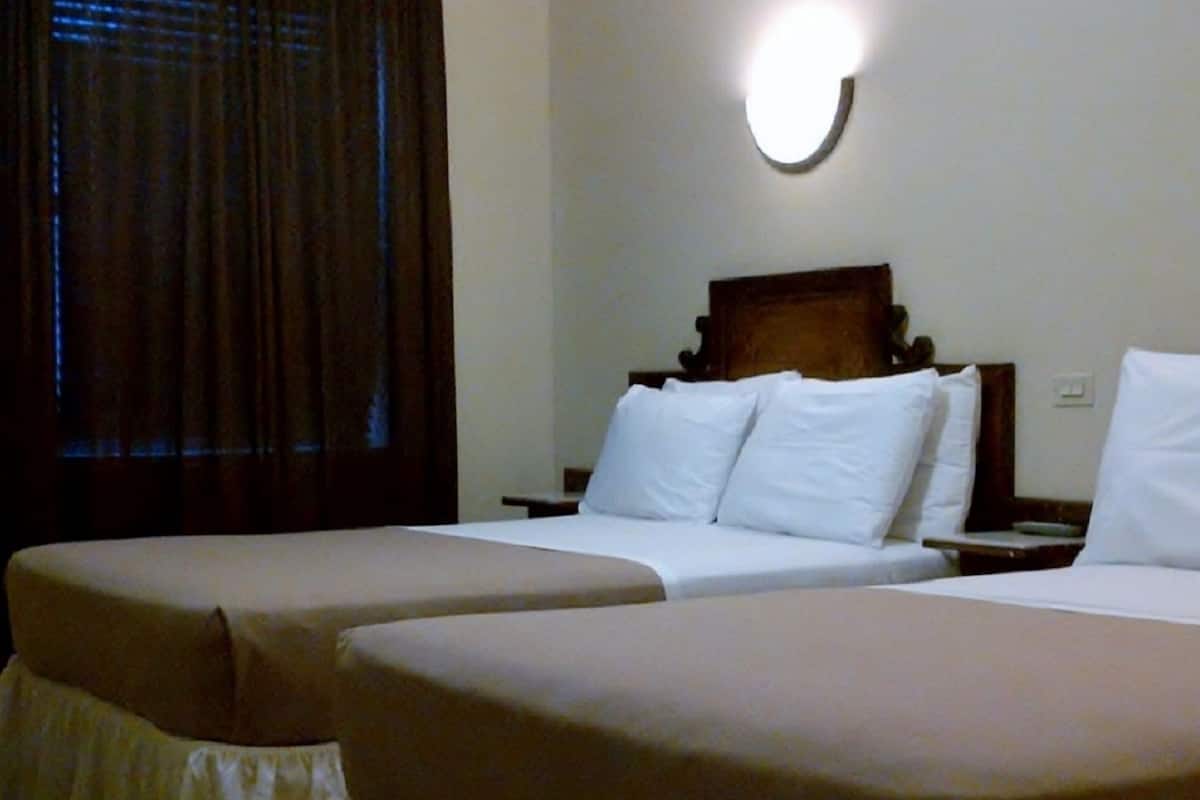 Habitación de hotel con dos camas individuales, cabecero de madera, mesita de noche y lámpara fijada a la pared.