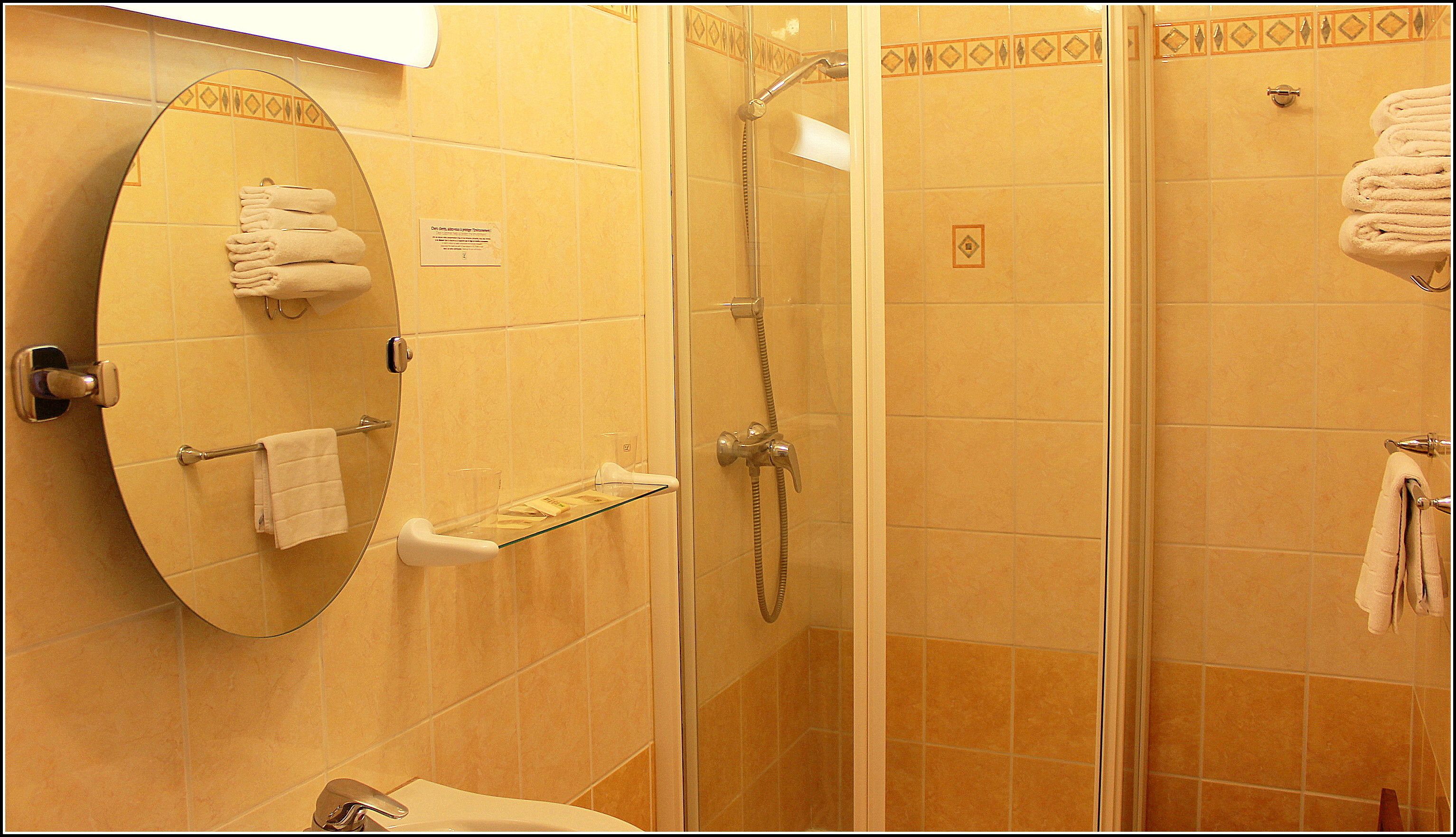 A bathroom with a glass-enclosed shower, a sink, a mirror with a towel rack, and a glass shelf.