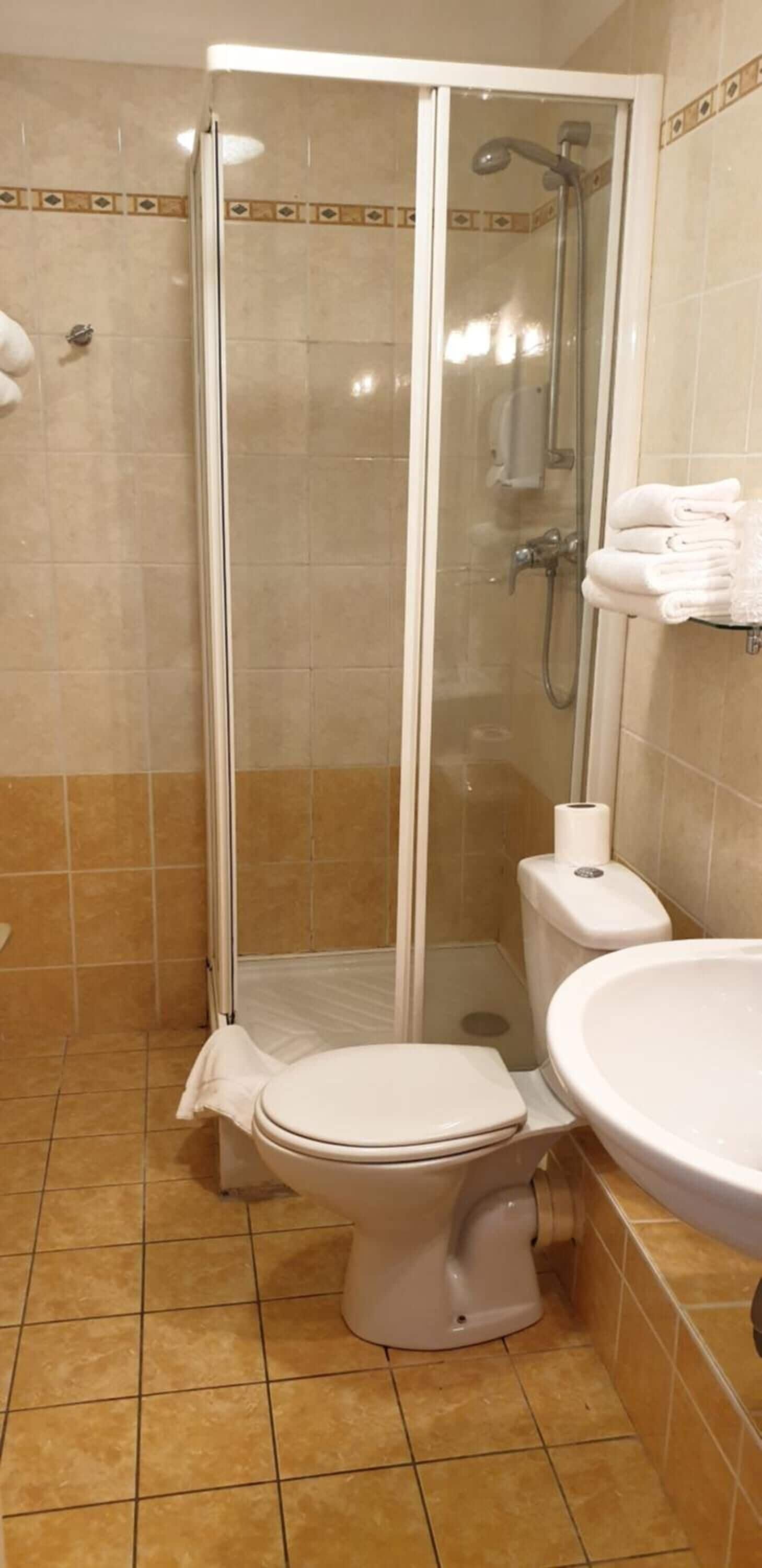 A bathroom with a glass-enclosed shower, a toilet, and a sink.