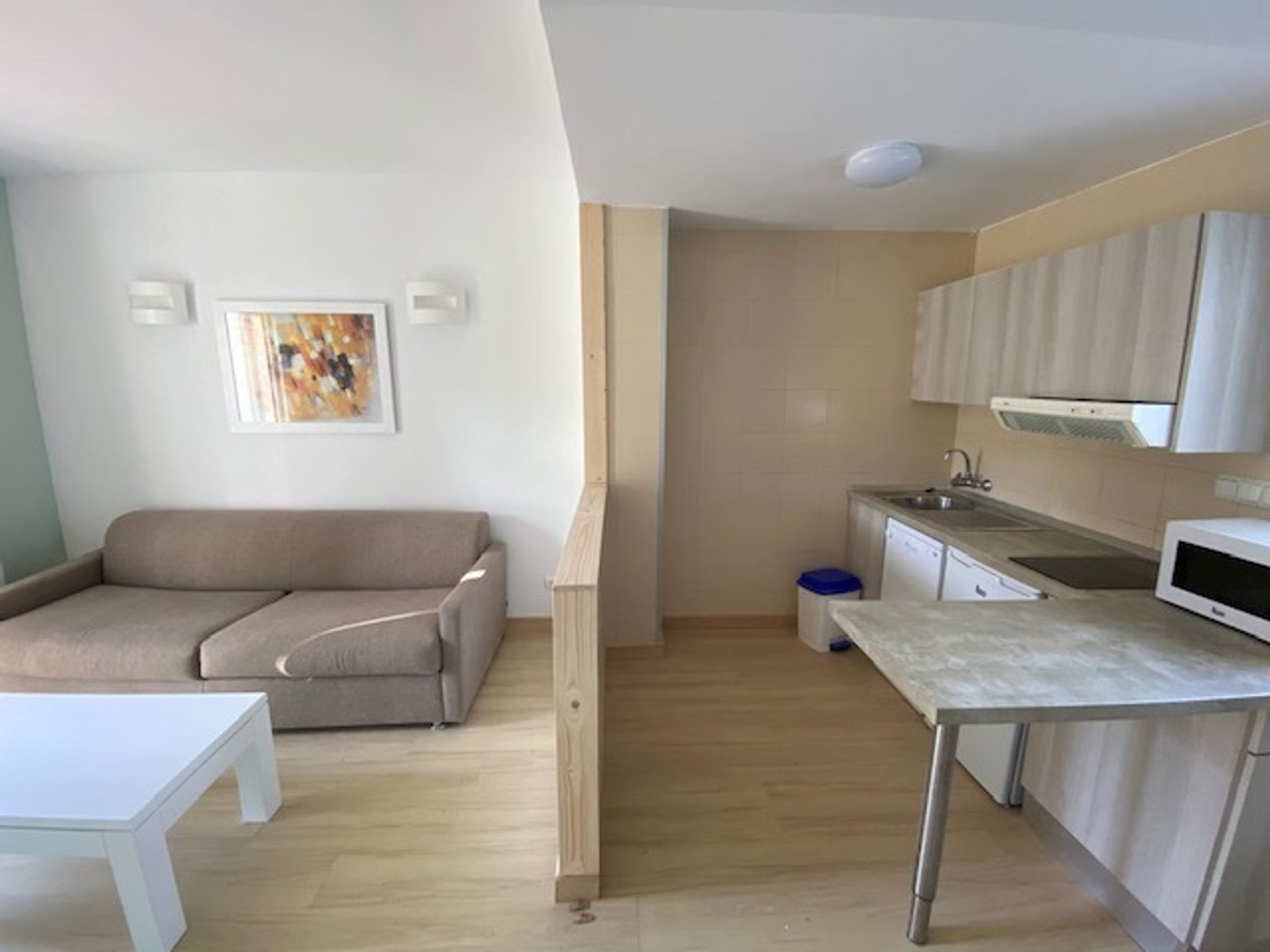 Un espacio habitable compacto con un sofá, una pequeña mesa de comedor, una kitchenette y un cuadro en la pared.