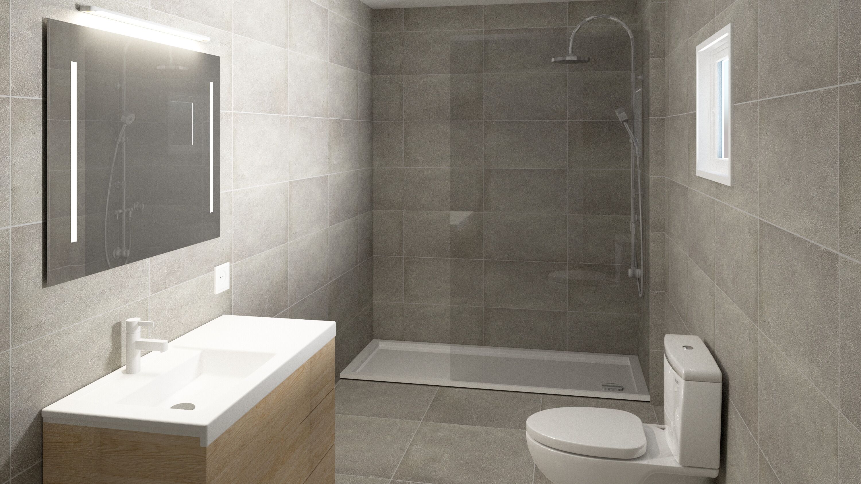 Een moderne badkamer met een douchecabine van glas, een witte wastafel en een toilet.
