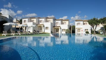 Outdoor pool, pool umbrellas, pool loungers