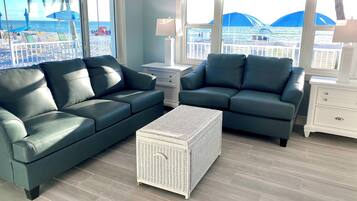 Gulfront 2 Bedroom Unit #1 (at White Sands) | Living area | 42-inch LCD TV with cable channels, TV, video game console