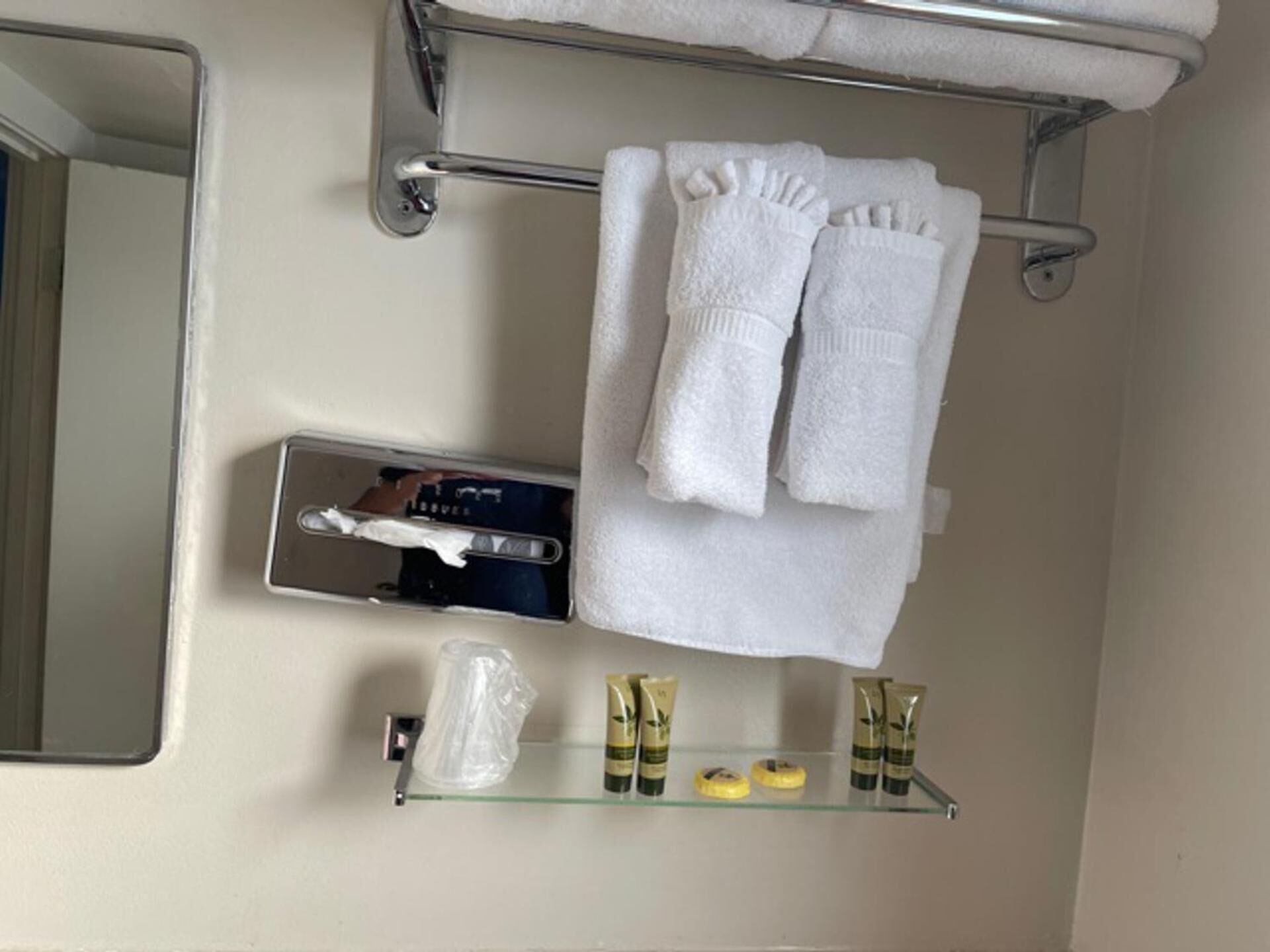 A bathroom with a towel rack holding two towels, a glass shelf with toiletries, and a mirror.