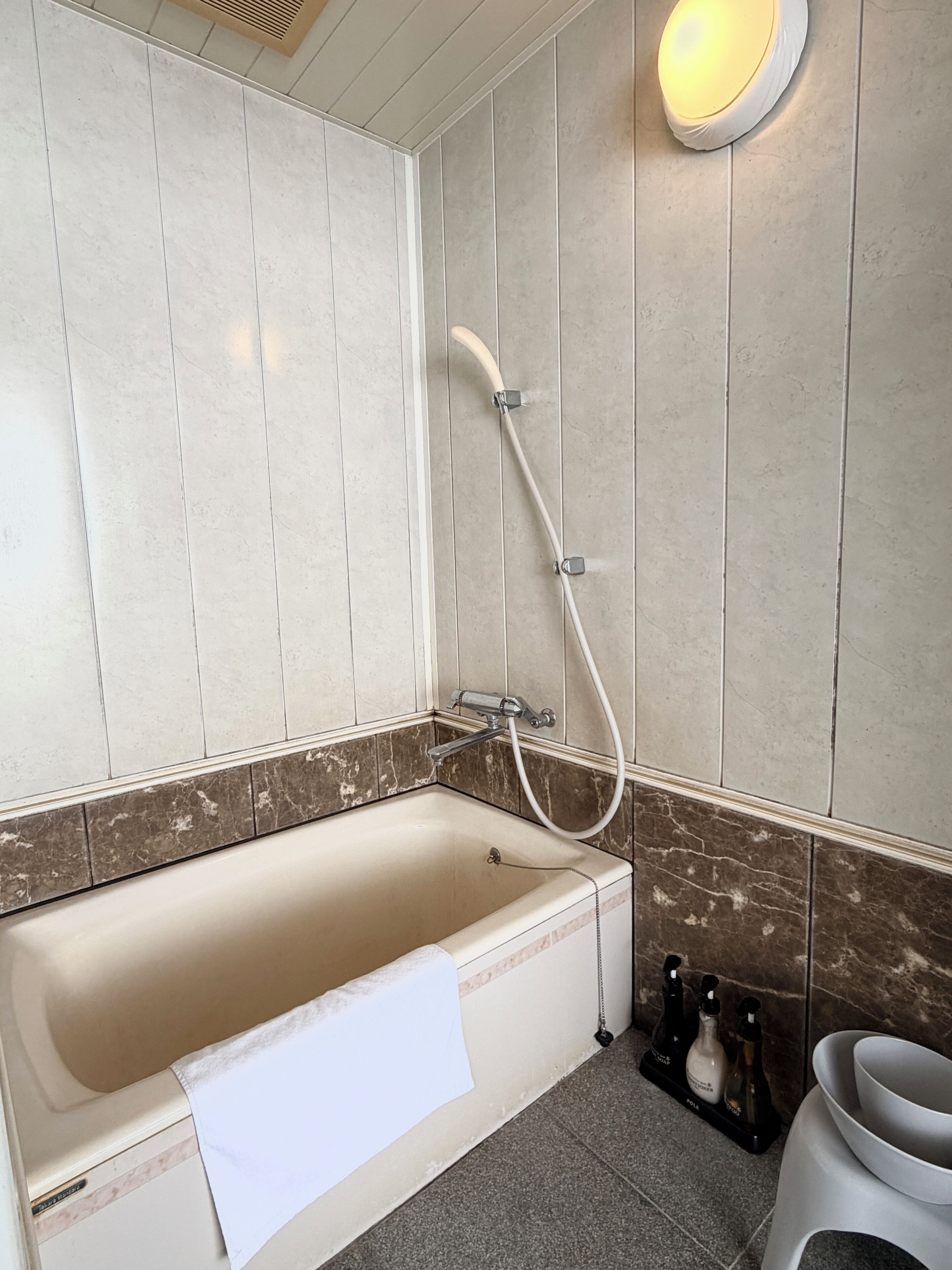 A modern bathroom with a freestanding bathtub, a handheld showerhead, and a wall-mounted light fixture.