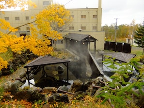 A traditional Japanese onsen with a wooden bathhouse, surrounded by autumn foliage and a building in the background.