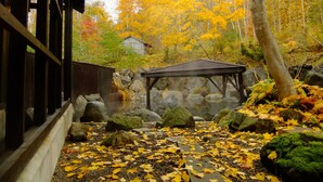 A traditional Japanese garden with a wooden pavilion, a stone bridge, and a backdrop of autumn-colored trees. - Niseko Annupuri Onsen Yugokorotei (Niseko)