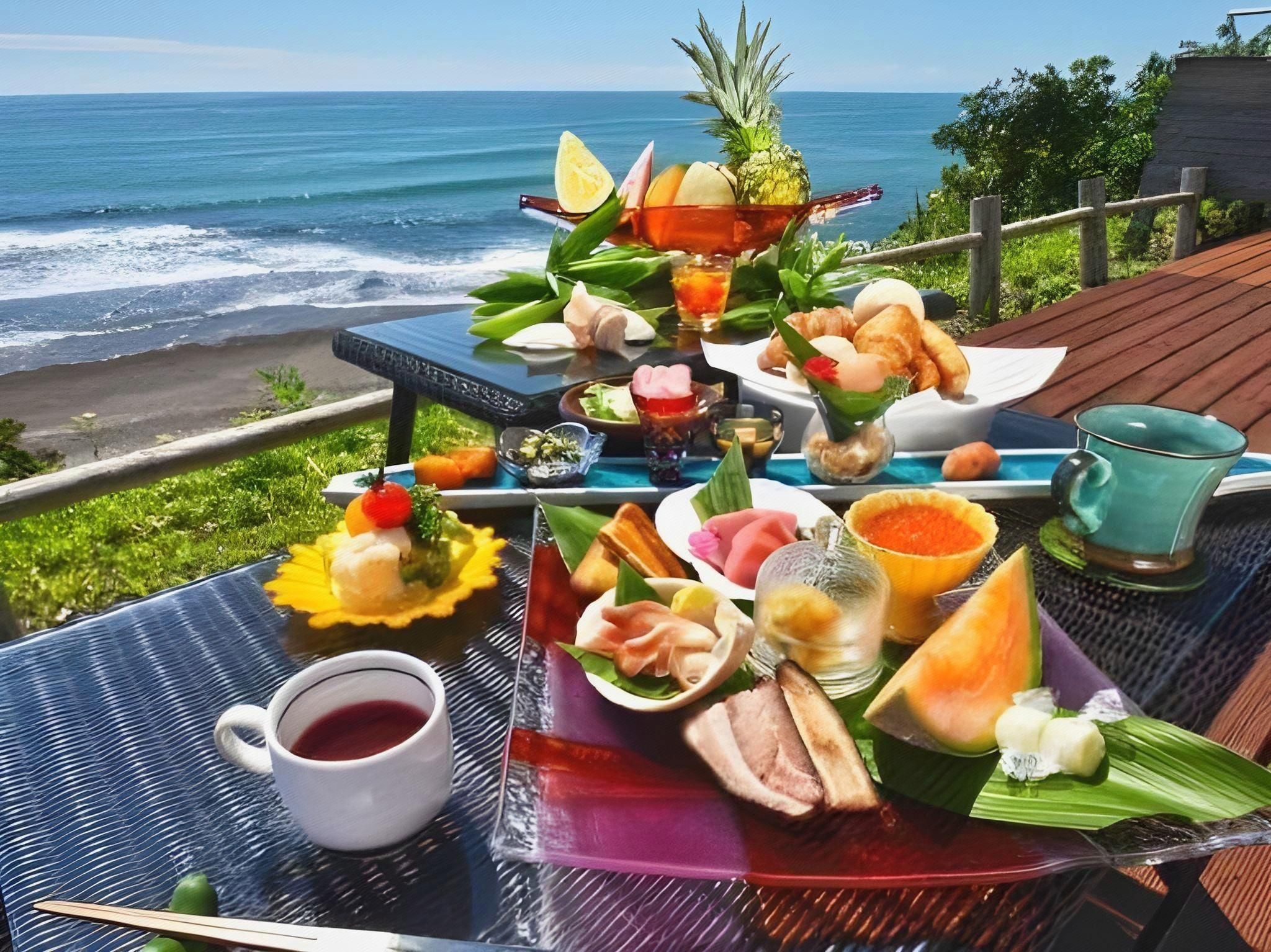 A table set with a variety of dishes and drinks, overlooking a beach with the ocean in the background.