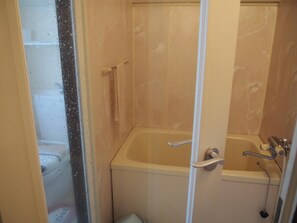 Een aparte badkuip en douche, een haardroger, handdoeken