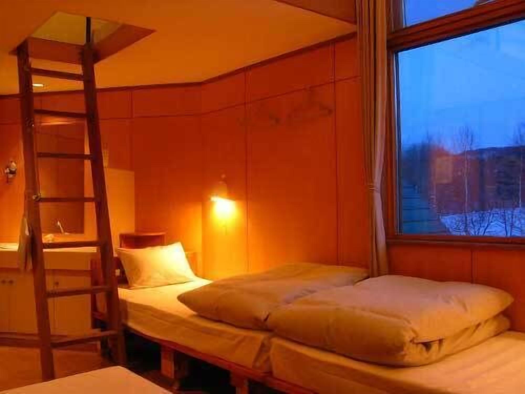 A room with a bed, a ladder, and a window.