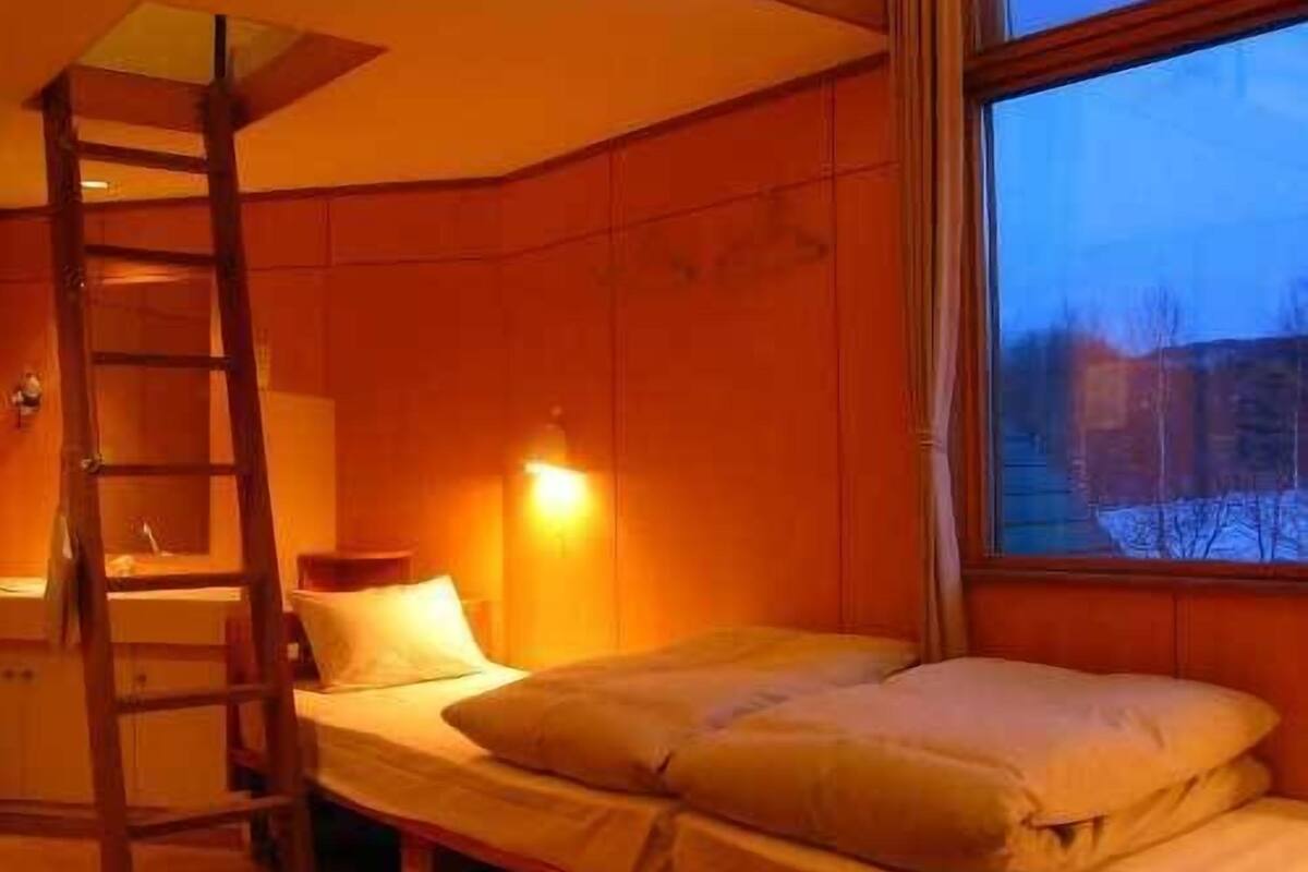 A room with a bed, a ladder, and a window.
