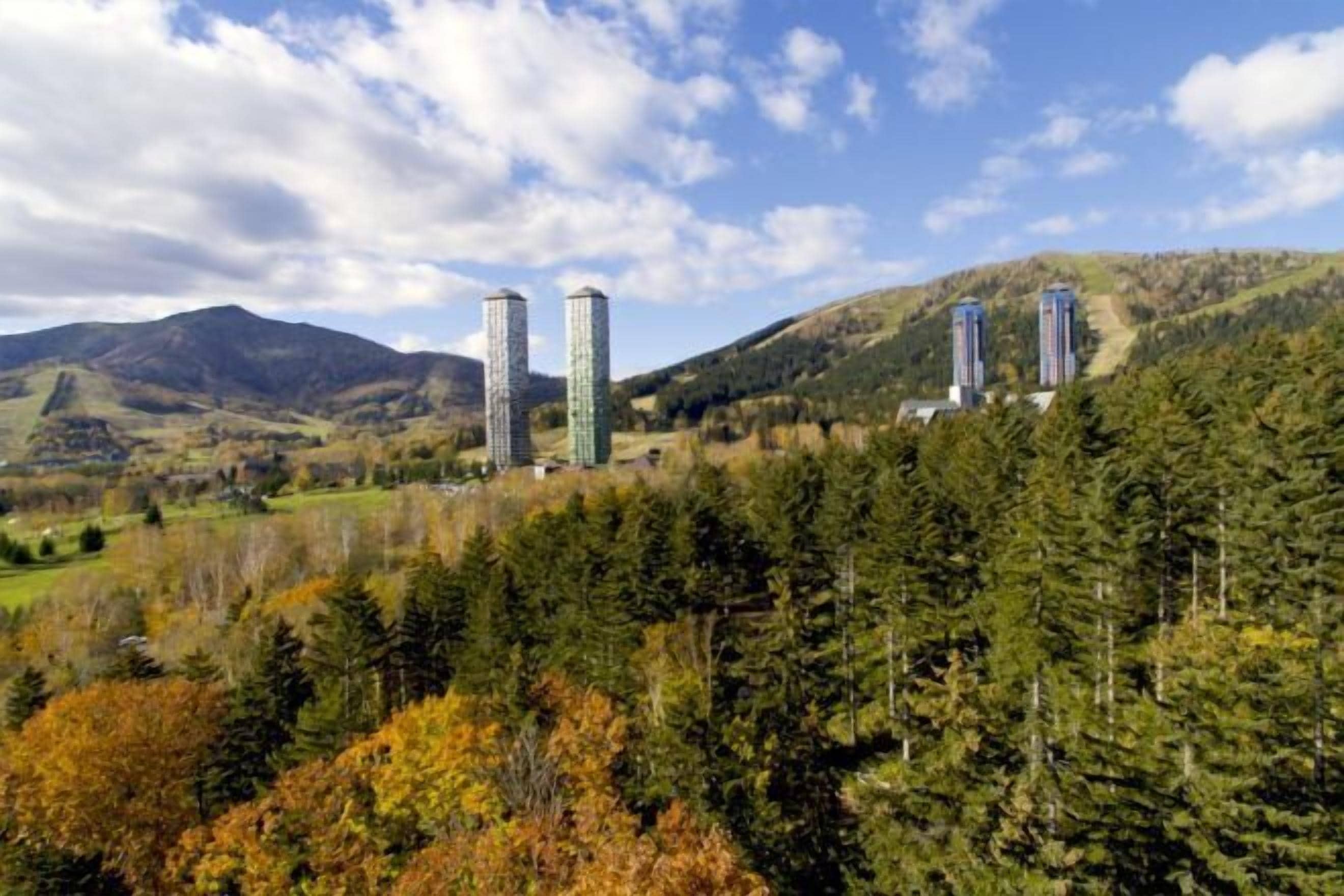 A mountainous landscape with tall buildings, dense forest, and a clear sky.