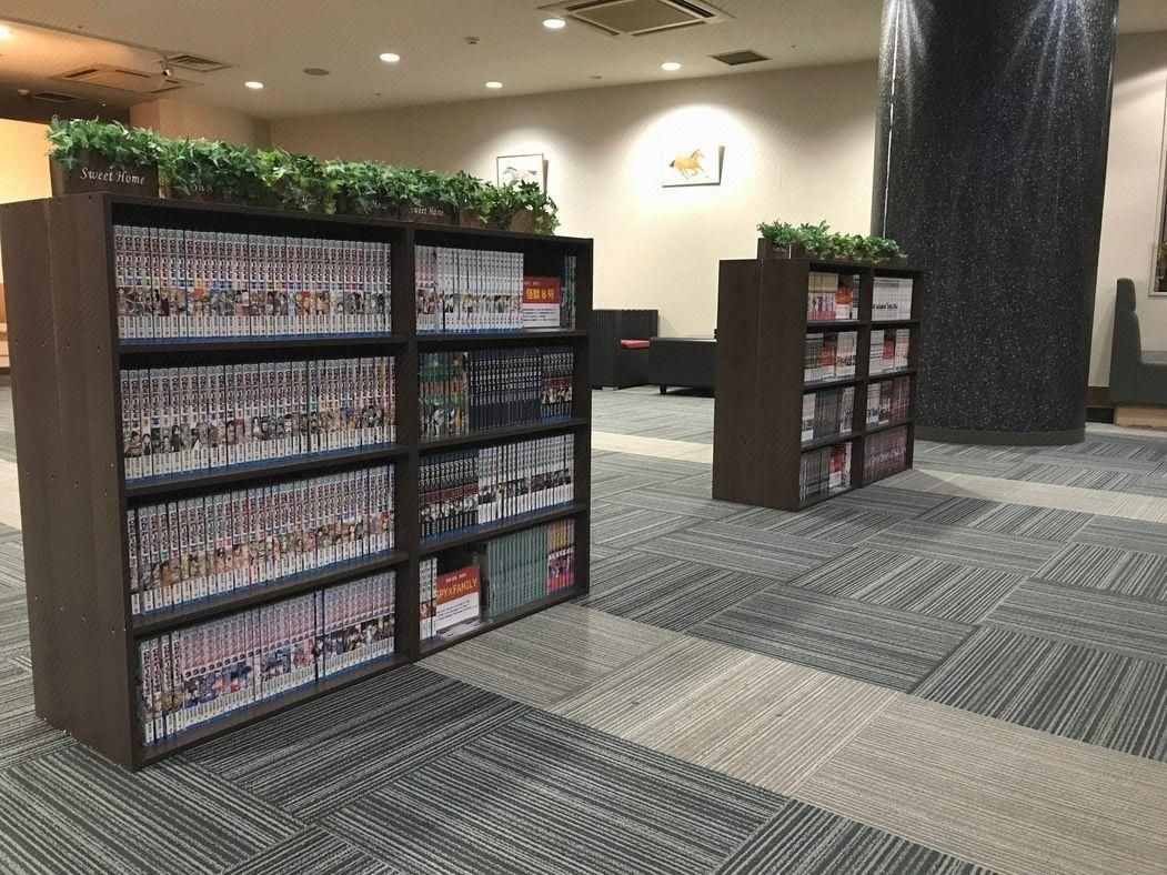 A library area with bookshelves and a carpeted floor.
