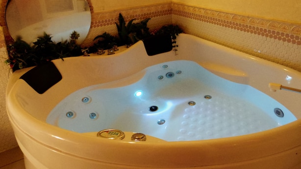 Une salle de bain avec une baignoire blanche, un miroir et des plantes décoratives.