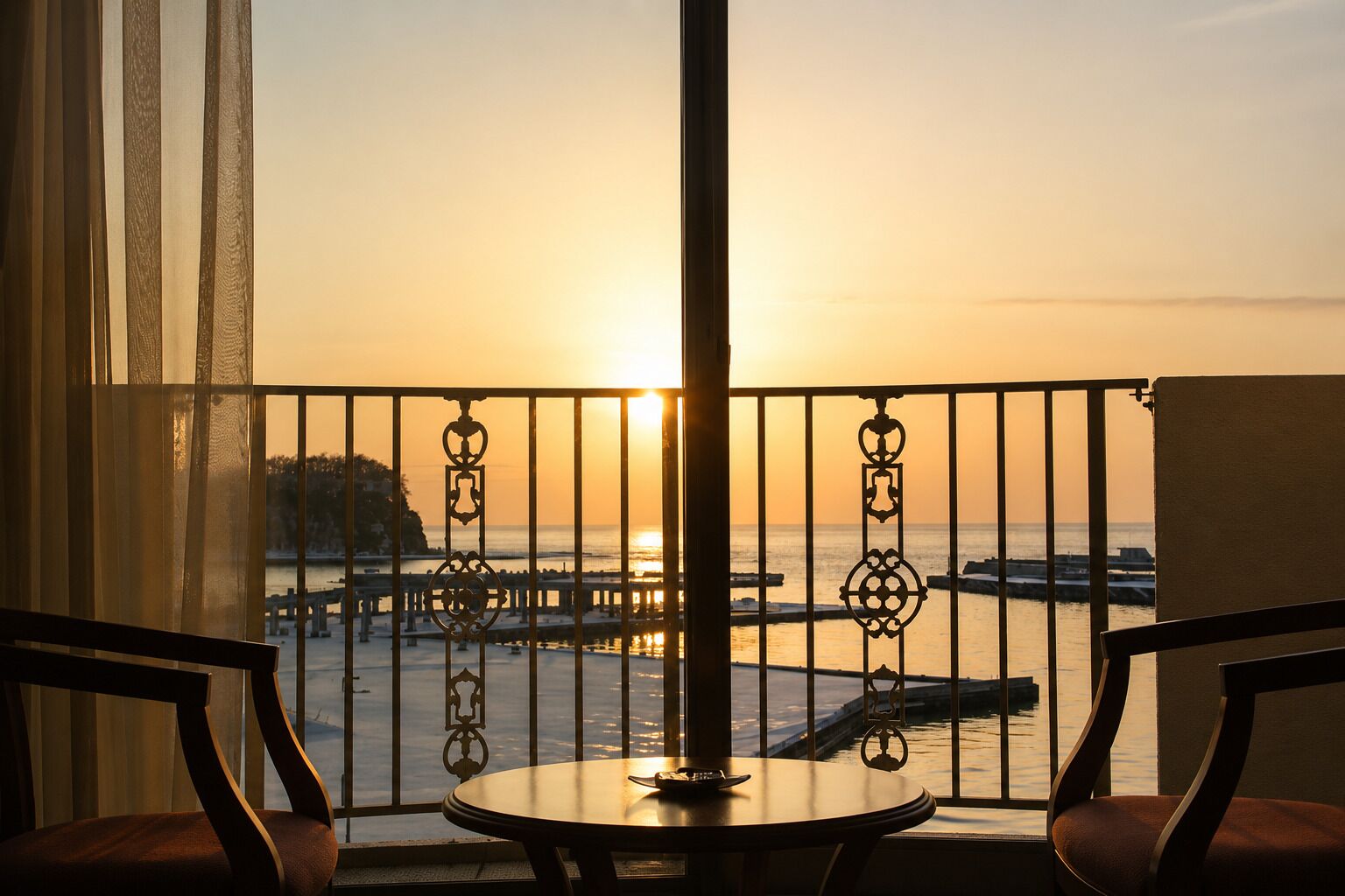 A balcony with a view of the sunset over the water, featuring a table and two chairs.